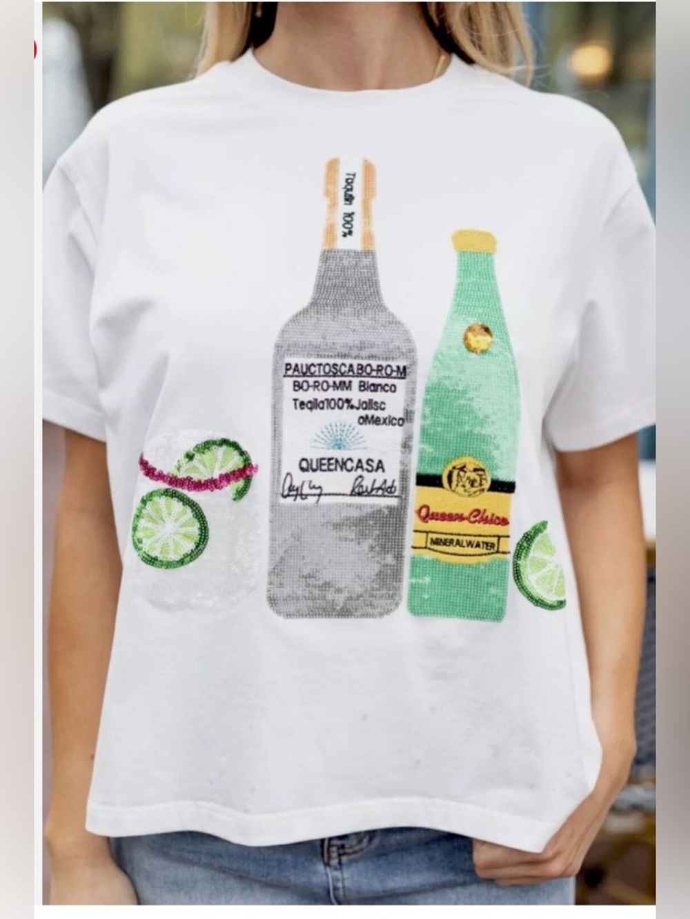 QUEEN OF SPARKLES White Sequin Champagne Bottle Tee